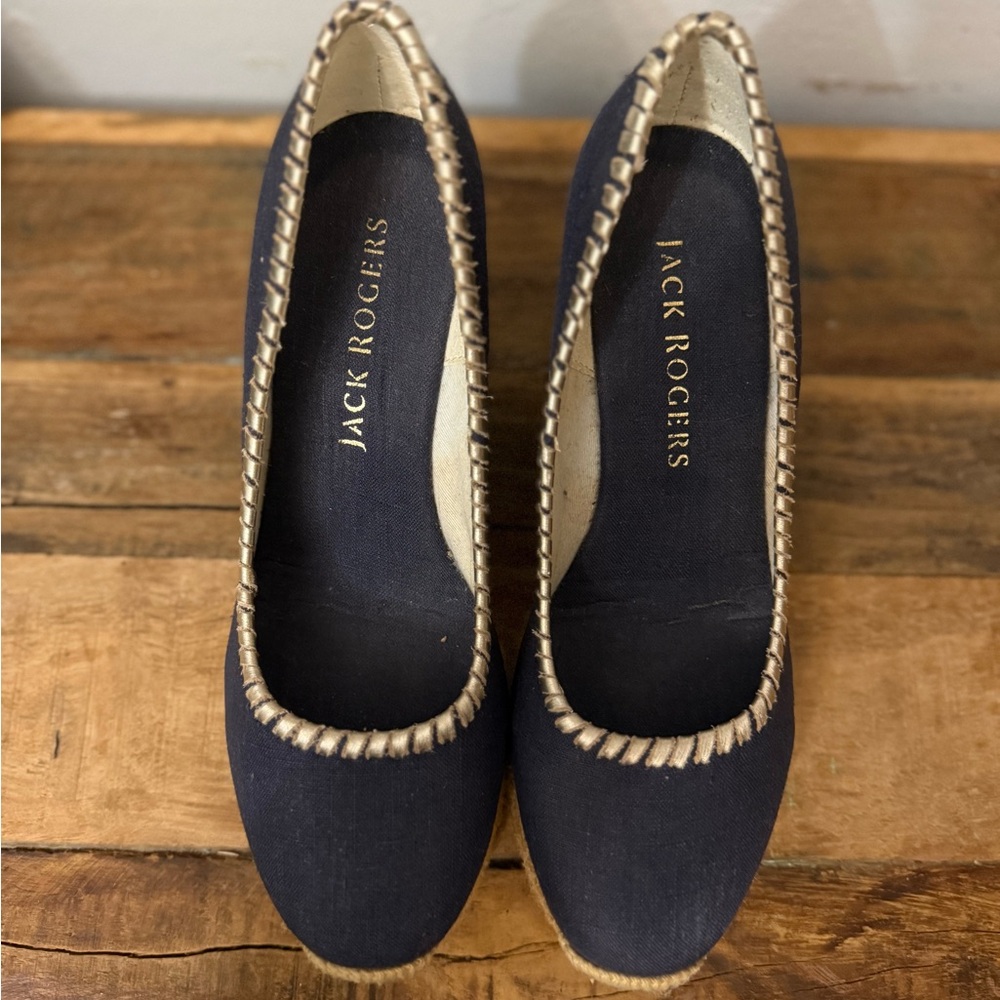 Jack Rogers Navy Heels with Gold Trim